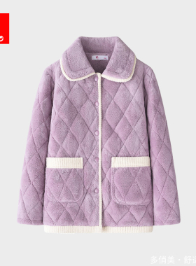 夹棉单件睡衣女上装上衣冬季三层加厚加绒棉袄外套珊瑚绒家居服女