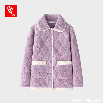 夹棉单件睡衣女上装上衣冬季三层加厚加绒棉袄外套珊瑚绒家居服女