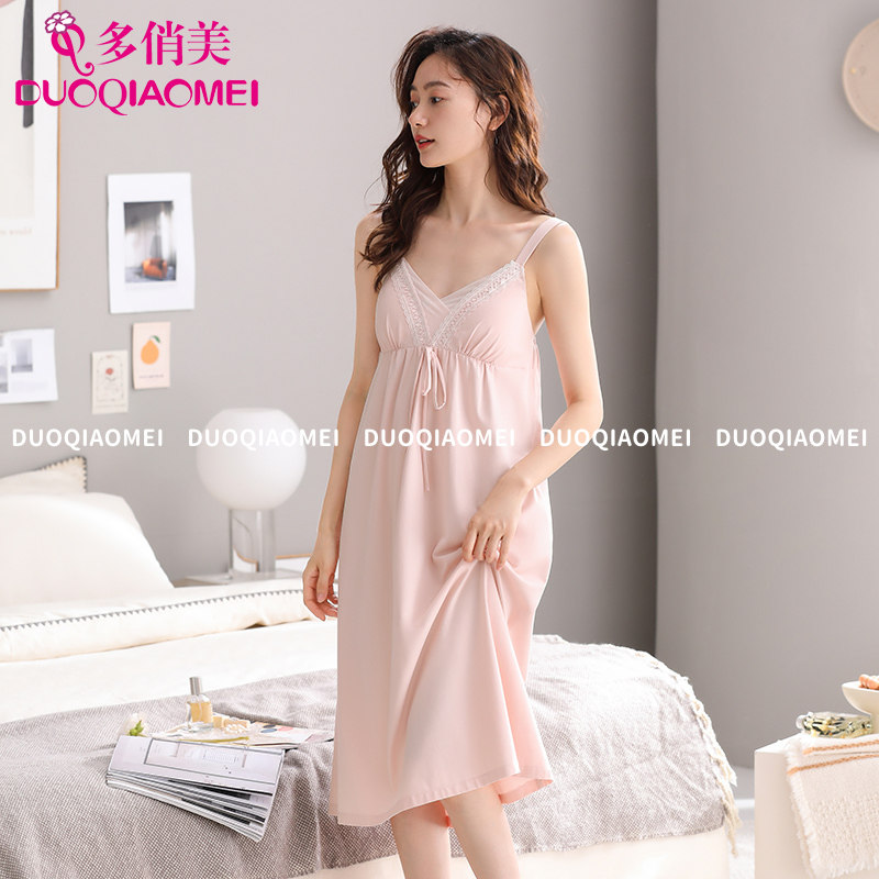 吊带睡裙女夏季纯棉薄款甜美带胸垫连衣裙大码性感睡衣外穿家居服