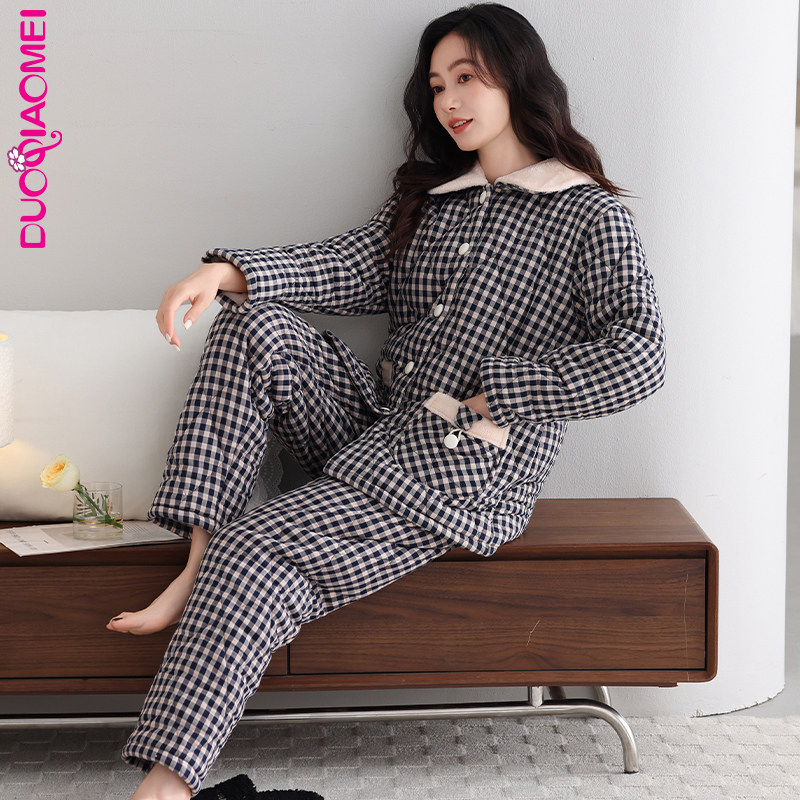 睡衣女款冬季三层加厚梭织纯棉