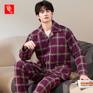 冬款 男士 睡衣加厚三层纯棉夹棉加大码 秋冬中年爸爸全棉家居服套装