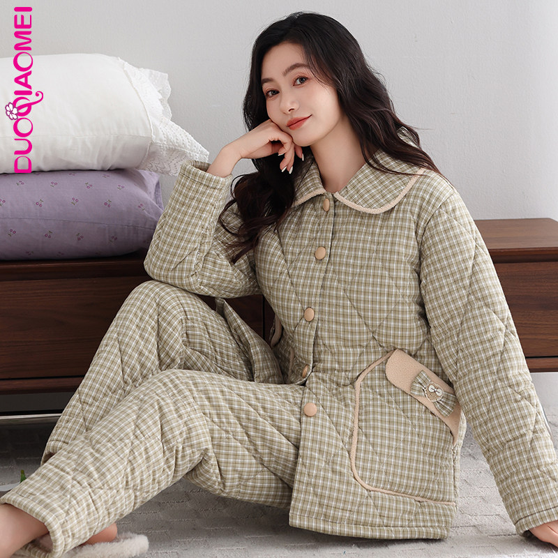 多俏美冬季睡衣女士纯棉三层夹棉梭织保暖加厚休闲加绒家居服套装