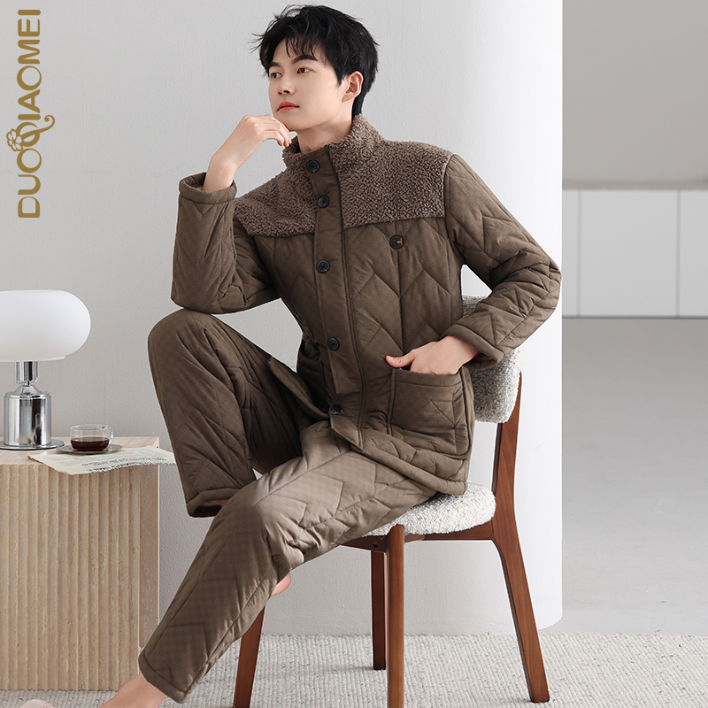 防风夹棉男士睡衣冬季加绒加厚