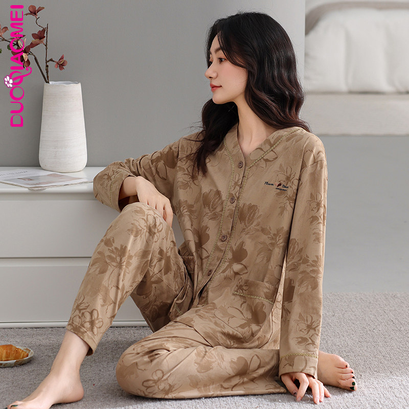 睡衣女纯棉长袖秋天春秋冬季开衫大码宽松中年妈妈家居服薄款套装