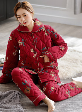 秋冬季睡衣女纯棉夹棉袄加厚保暖红色中年妈妈冬款全棉家居服套装