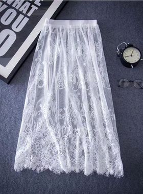 高腰透视长裙蕾丝半身裙网纱中长款显瘦罩裙内搭衬裙单层打底裙女