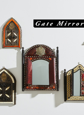 Gate Mirror摩洛哥手工木制铜纸皮贴面小门镜墙饰饰品壁饰镜子