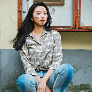 印度染料手工印染衬衣灰色ins度假风上衣 Print Indian Block