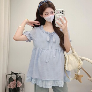 夏季 孕妇装 娃娃衫 木耳边系带短袖 荷叶边休闲上衣夏天怀孕衣服 夏装