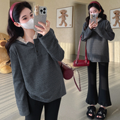 条纹上衣怀孕打底衫 孕妇装 卫衣秋冬装 拼接蕾丝连帽长袖 衣服秋 秋装