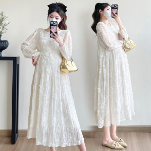 连衣裙小清新减龄裙子秋季 麻纱钩花刺绣长袖 简约孕妇裙 秋装 孕妇装