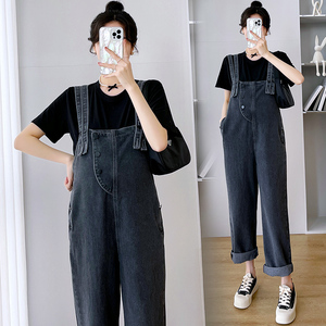 孕妇夏装牛仔背带裤2023新款孕妇裤子夏季外穿怀孕裤宽松九分裤夏