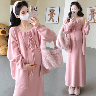 孕妇装秋装长袖毛衣外套秋季吊带裙秋冬装两件套连衣裙套装裙子冬
