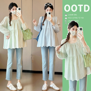 休闲娃娃衫 孕妇装 上衣宽松大码 小清新刺绣长袖 春秋怀孕衣服秋 秋装