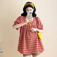 孕妇装夏装红色格子短袖方领上衣宽松大码休闲娃娃衫夏季怀孕衣服