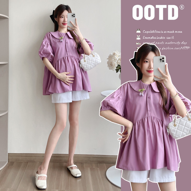 孕妇装夏装时尚娃娃领短袖衬衫宽松大码休闲娃娃衫夏季怀孕上衣夏