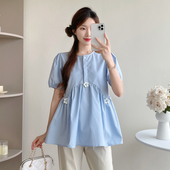 夏季 孕妇装 怀孕衣服潮妈 上衣宽松大码 休闲娃娃衫 夏装 立体花朵短袖