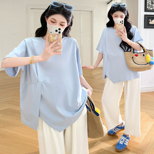 孕妇T恤夏季 孕妇装 上衣2026新款 不规则拼接短袖 纯色怀孕衣服 夏装