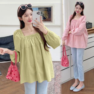秋装 休闲T恤秋季 时尚 方领上衣宽松大码 衣服秋 甜美简约长袖 孕妇装