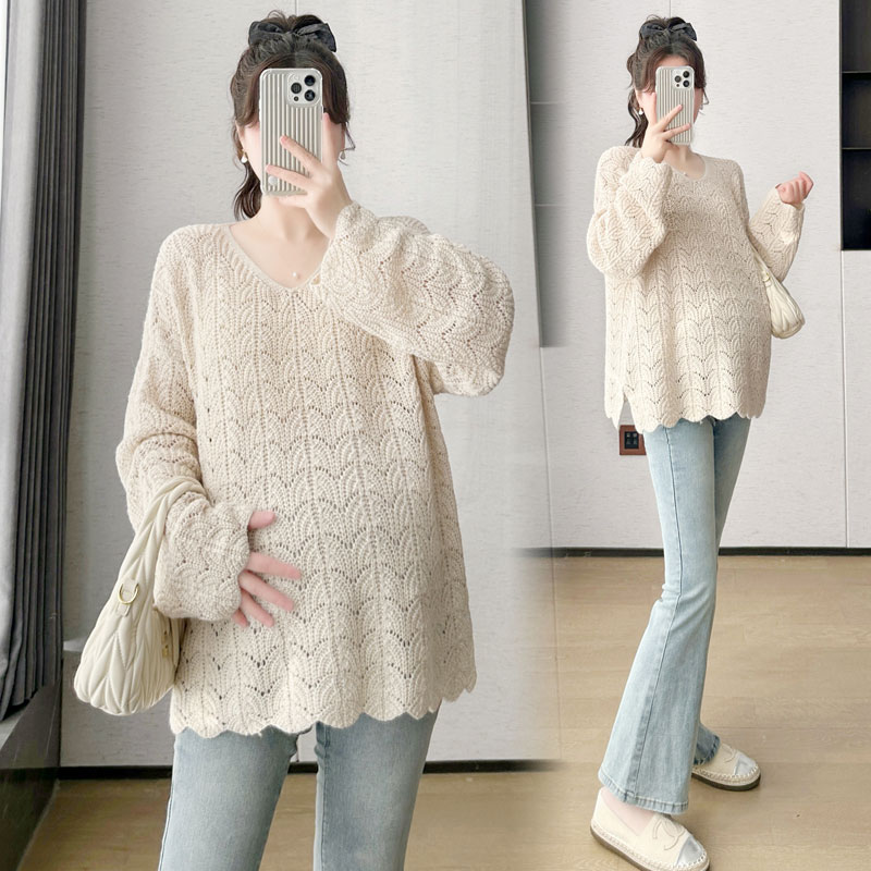 孕妇装秋装简约长袖V领针织衫秋