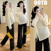 抽绳褶皱开叉T恤春季 孕妇装 上衣时尚 蝴蝶结印花长袖 怀孕衣服 春装