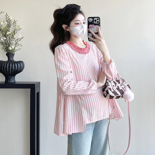 孕妇装秋装设计感长袖条纹上衣秋