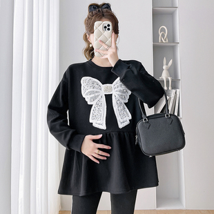 孕妇装春装时尚撞色蝴蝶结长袖上衣宽松大码显瘦卫衣春季怀孕衣服