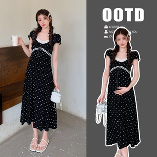 孕妇装夏装时尚泡泡袖波点连衣裙夏季收腰显瘦裙子夏天孕妇裙潮妈