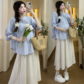 衬衫 托腹半身裙夏季 孕妇套装 孕妇装 两件套潮妈套装 短袖 时尚 夏装