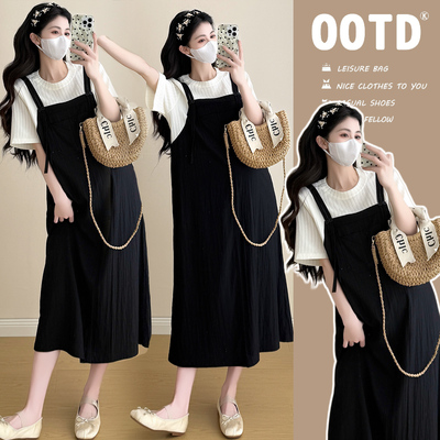 孕妇装夏装假两件拼色短袖连衣裙