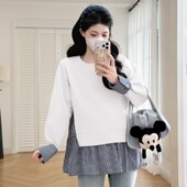 春装 春季 假两件拼接条纹长袖 休闲娃娃衫 卫衣春 上衣宽松大码 孕妇装