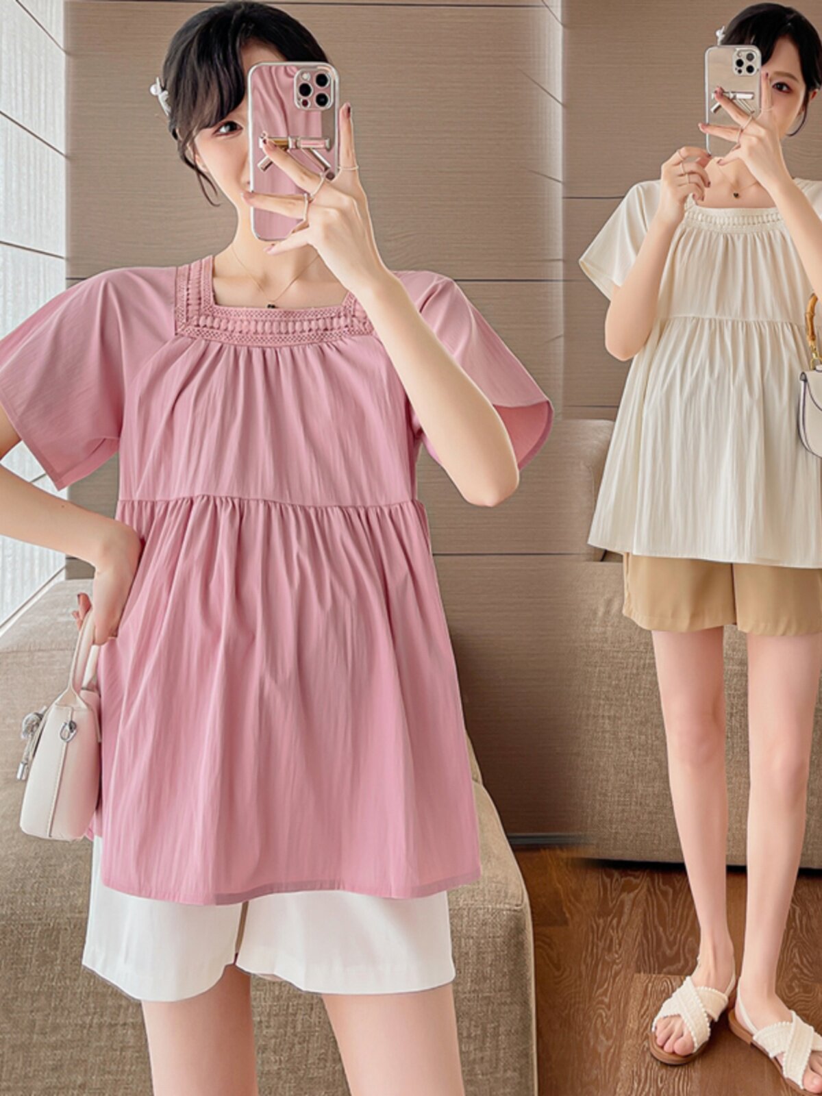 출산복 여름 의류 심플 퓨어 반팔 스퀘어 칼라 탑 2024 새로운 한국어 버전  인형 여름 임신복 여름