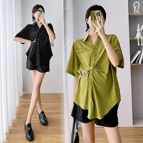 孕妇装夏装不规则短袖翻领衬衫夏