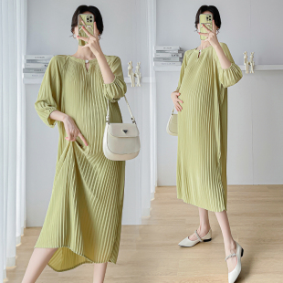 孕妇裙春季 孕妇装 百褶雪纺连衣裙2026新款 七分袖 简约休闲裙子 春装