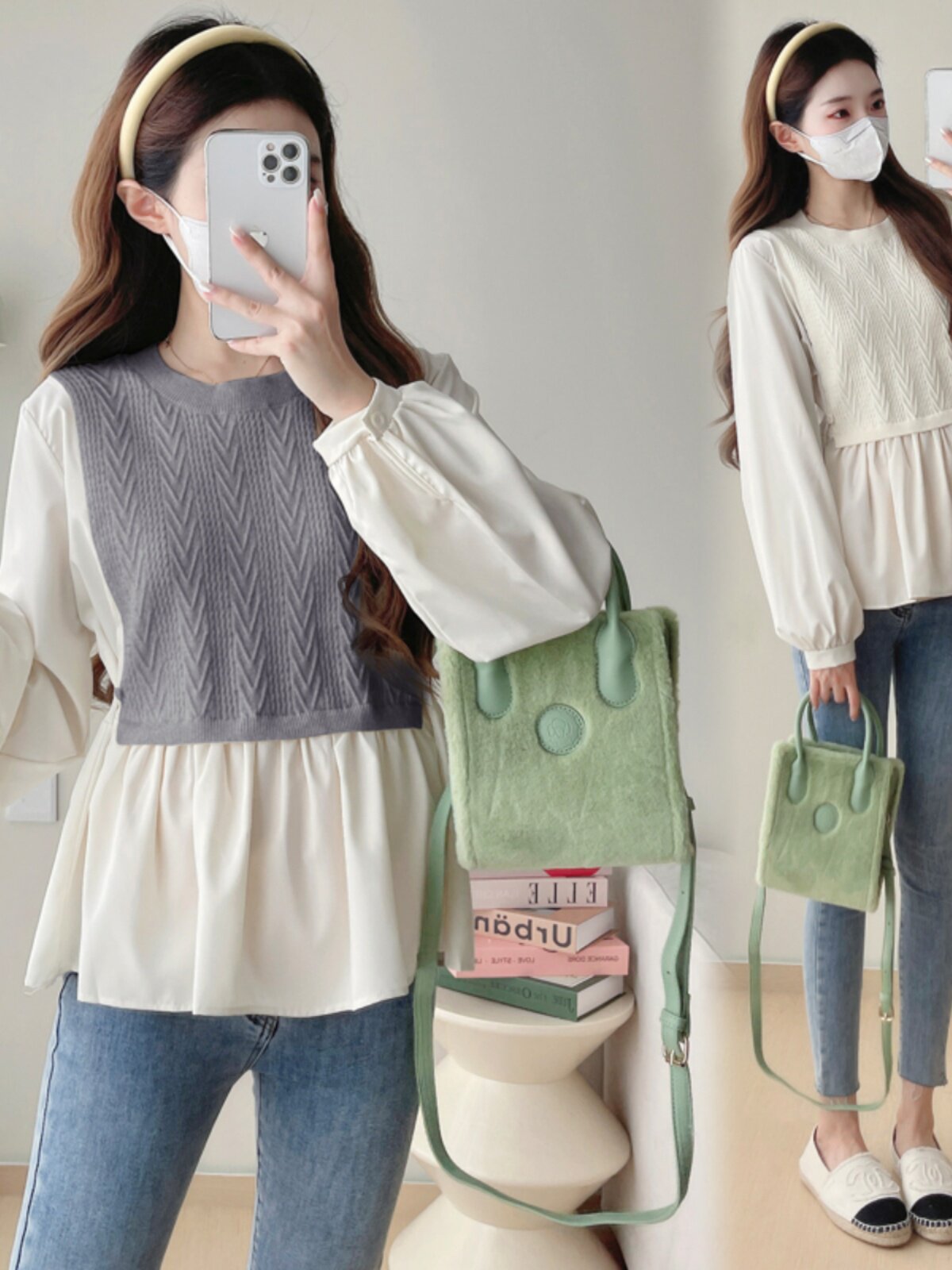 출산 의류 가을 가짜 투피스 컬러 차단 긴팔 탑 2024 새로운 출산 인형 셔츠 봄 가을 임신 옷 가을