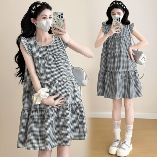 夏装 休闲显瘦裙子夏季 时尚 格子连衣裙宽松大码 孕妇裙 飞飞袖 孕妇装