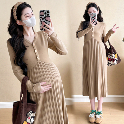 孕妇装秋冬装长袖百褶针织连衣裙