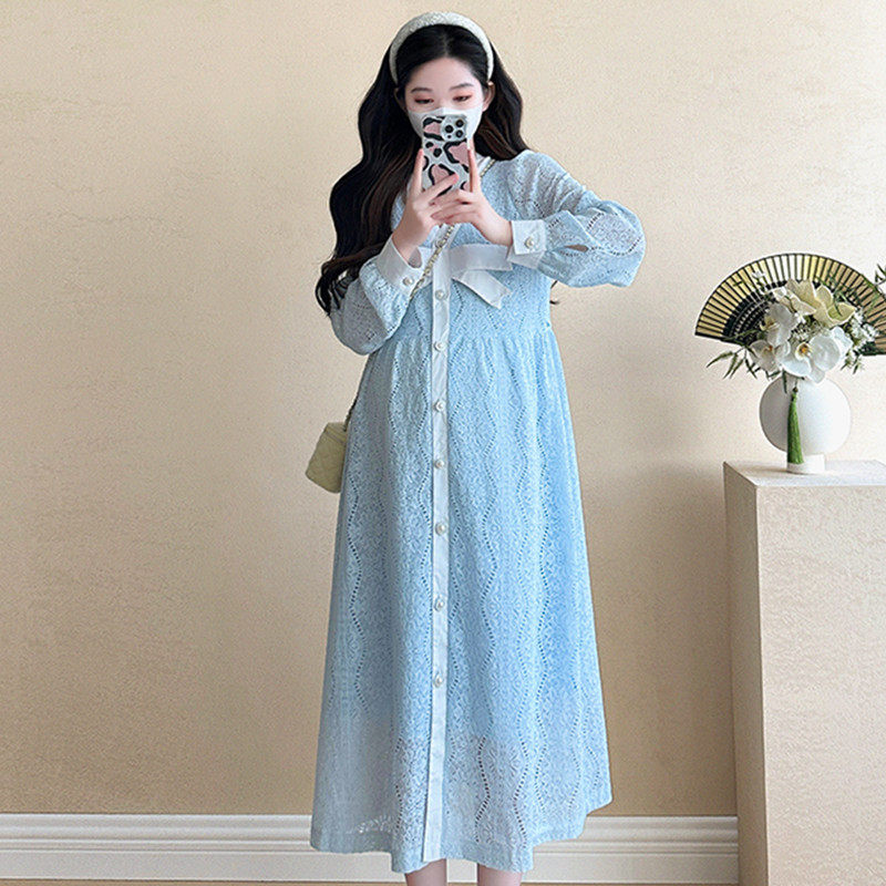 孕妇装春装撞色蝴蝶结长袖蕾丝连衣裙2026新款孕妇裙春秋休闲裙子