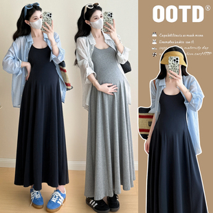 孕妇装春装长袖条纹衬衫春季背心裙春夏两件套连衣裙孕妇套装裙子