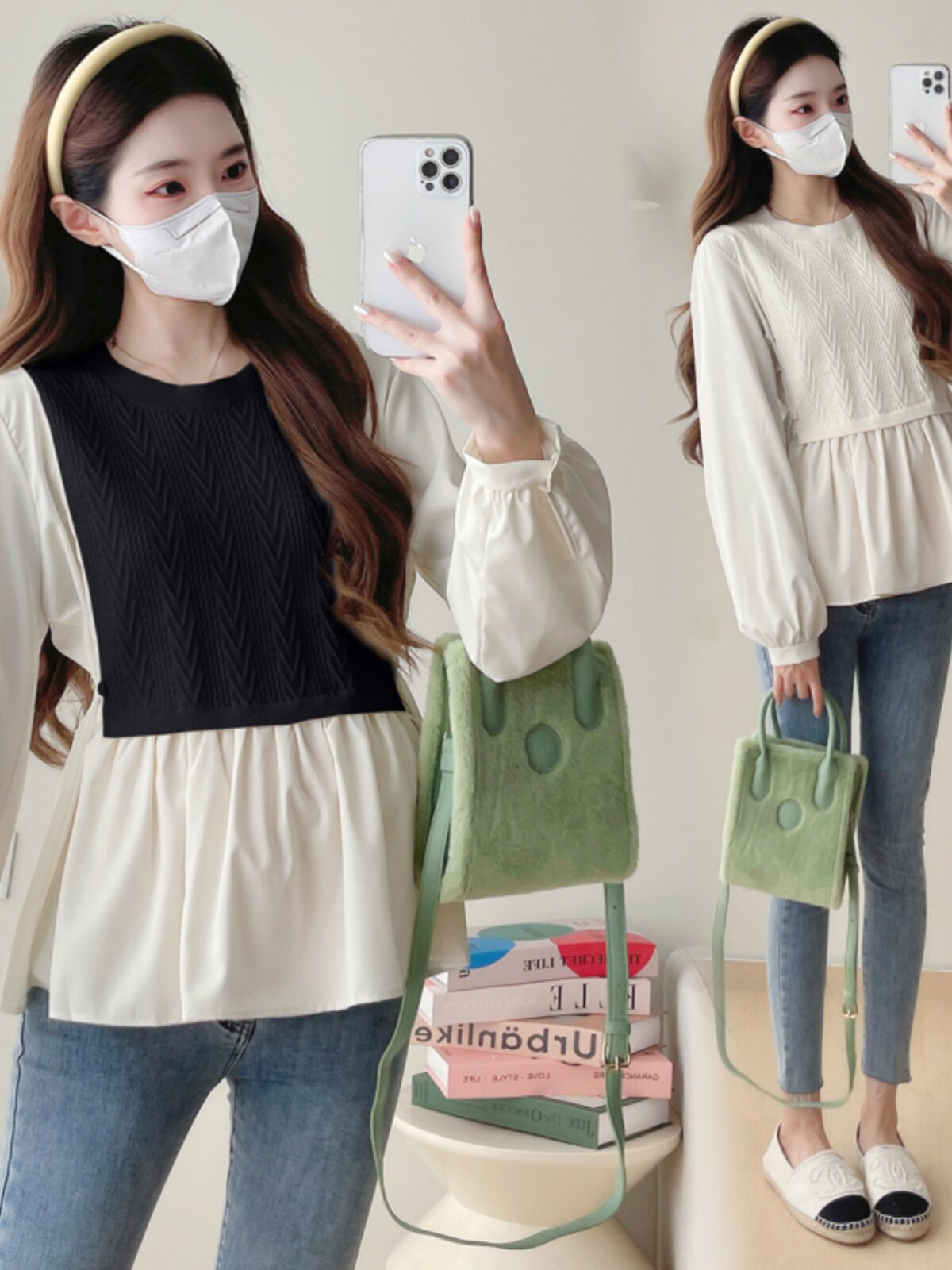 출산 의류 가을 가짜 투피스 컬러 차단 긴팔 탑 2024 새로운 출산 인형 셔츠 봄 가을 임신 옷 가을