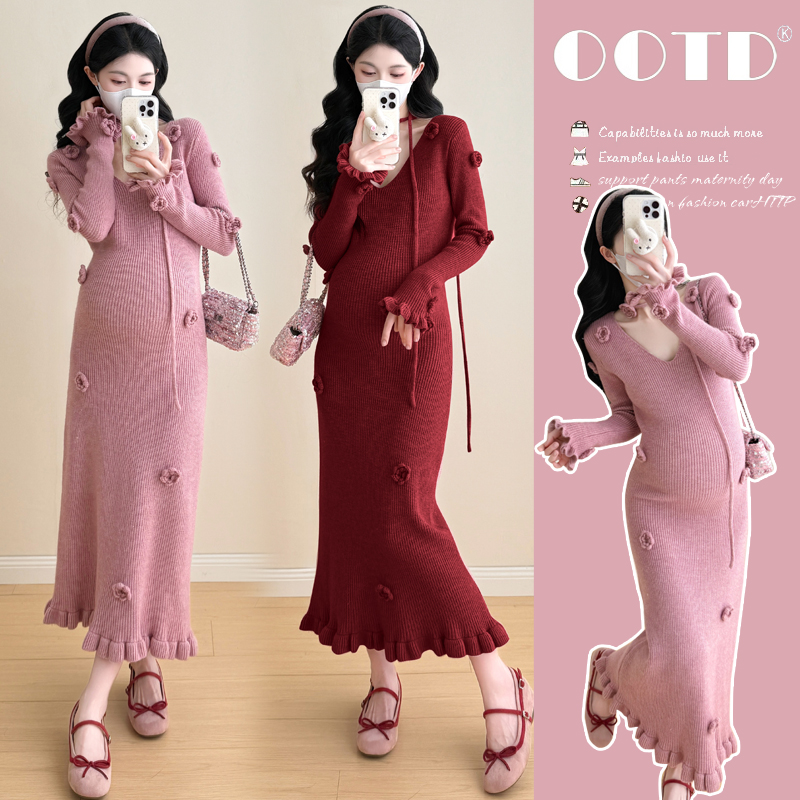 孕妇秋冬装设计感长袖针织连衣裙