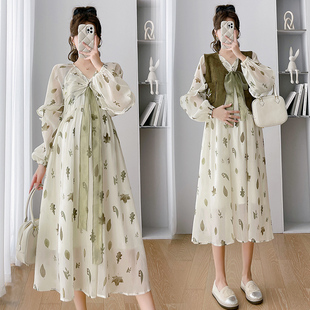 马甲背心时尚 孕妇装 碎花雪纺连衣裙春季 长袖 休闲裙子孕妇裙春 春装