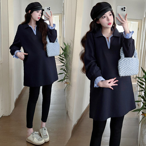 孕妇秋装拼接条纹长袖翻领连衣裙