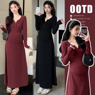 百搭休闲怀孕裙子秋季 孕妇装 连衣裙时尚 简约显瘦长袖 孕妇裙秋 秋装