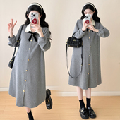 休闲裙子春季 孕妇装 针织连衣裙宽松大码 撞色翻领长袖 孕妇裙春 春装