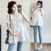 简约绣花短袖 时尚 衬衫 夏季 衣服 孕妇装 怀孕休闲上衣宽松娃娃衫 夏装