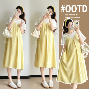 休闲裙子夏季 孕妇装 连衣裙宽松大码 假两件拼接短袖 撞色孕妇裙 夏装