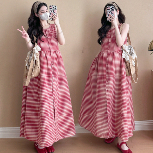 无袖 时尚 格子衬衫 连衣裙宽松大码 孕妇裙夏 孕妇装 休闲裙子夏季 夏装