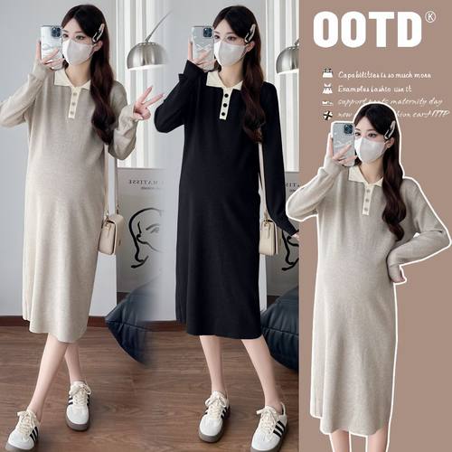 孕妇秋装长袖简色翻领针织连衣裙