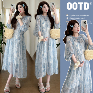 小清新气质裙子春季 孕妇装 碎花雪纺连衣裙时尚 七分袖 孕妇裙春 春装